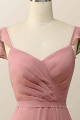 Blush Pink Ruffled Flare Sleeve Chiffon Long Bridesmaid Dress