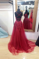 Burgundy sweetheart tulle lace long prom dress formal dress