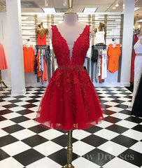Burgundy v neck lace tulle short prom dress, burgundy lace homecoming dress