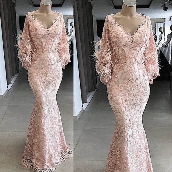 feather evening dresses long pink lace applique v neck modest elegant mermaid luxury evening gown