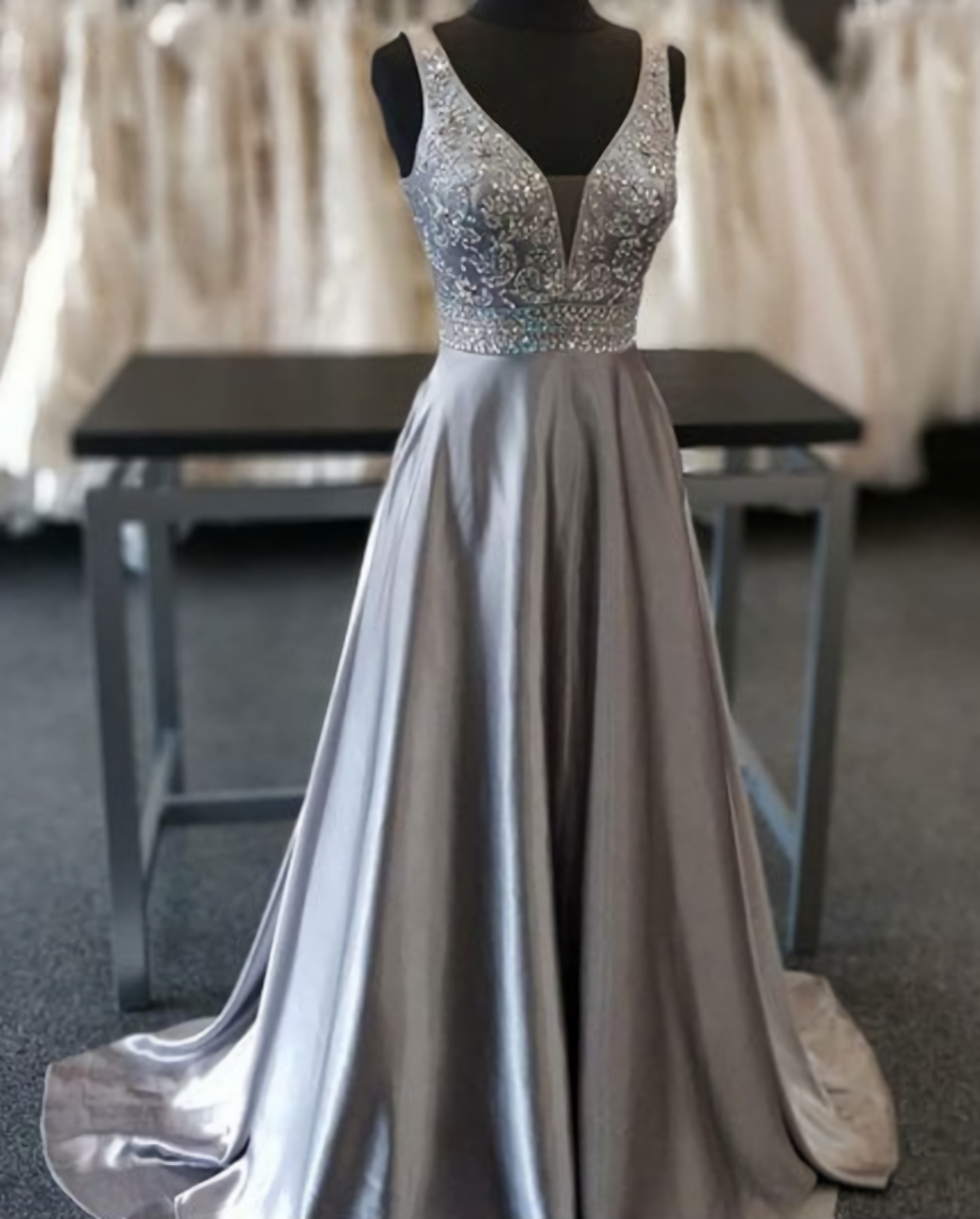 Beautiful Elegant Silver Grey Prom Dress, Beaded Evening Gowns V Neck Formal Dress, Special Occasion Dress