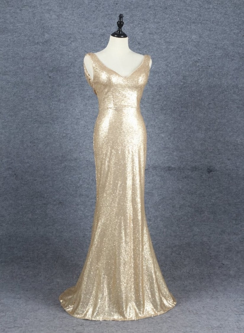 Champagne Sequins Low Back Long Bridesmaid Dresses, Mermaid Prom Dress Party Dress