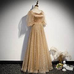 Champagne Tulle Chich Long Puffy Sleeves Party Dress Formal Dress, A-line Tulle Prom Dress