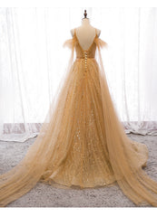Champagne Tulle Lace V-neckline Beaded Unique Floor Length Party Dress, New Prom Dress Evening Dress