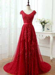 Charming Dark Red Lace A-line Long Prom Dress, Red Evening Gown