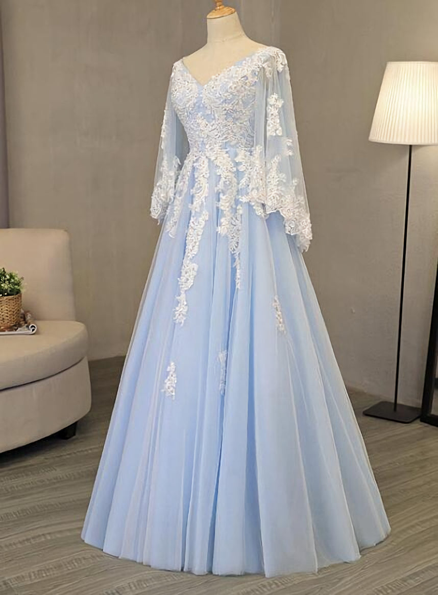 Charming Light Blue Tulle V-neckline Long Party Dress, Prom Dress