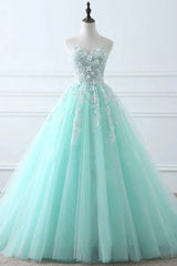 Charming Mint Green Tulle Ball Gown Sweet 16 Dress, Lace Applique Prom Dress