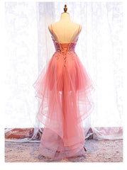 Chic V-neckline Lace Applique Tulle High Low Straps Homecoming Dress, Tulle Short Prom Dress