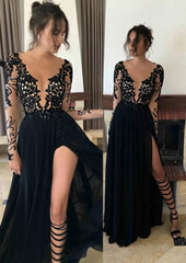 Chiffon Long Floor Length A Line Princess Full Long Sleeve Bateau Zipper Up At Side Prom Dress With Appliqued