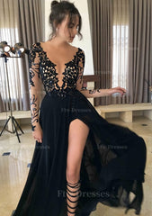 Chiffon Long Floor Length A Line Princess Full Long Sleeve Bateau Zipper Up At Side Prom Dress With Appliqued
