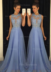 Chiffon Prom Dress A Line Princess Scoop Neck Sweep Train With Appliqued Beaded
