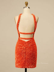 Cross Front Orange Sequin Tight Mini Dress