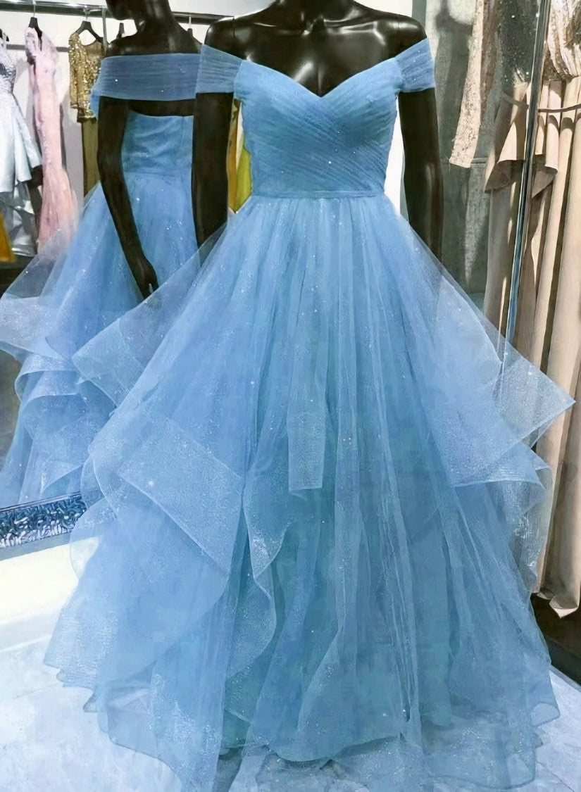 Cute Blue Tulle Sweetheart Layers Long Formal Dresses, Blue Evening Gown Prom Dress