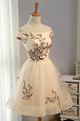 Cute Champagne Off Shoulder Knee Length Prom Dress , Lovely Formal Dress