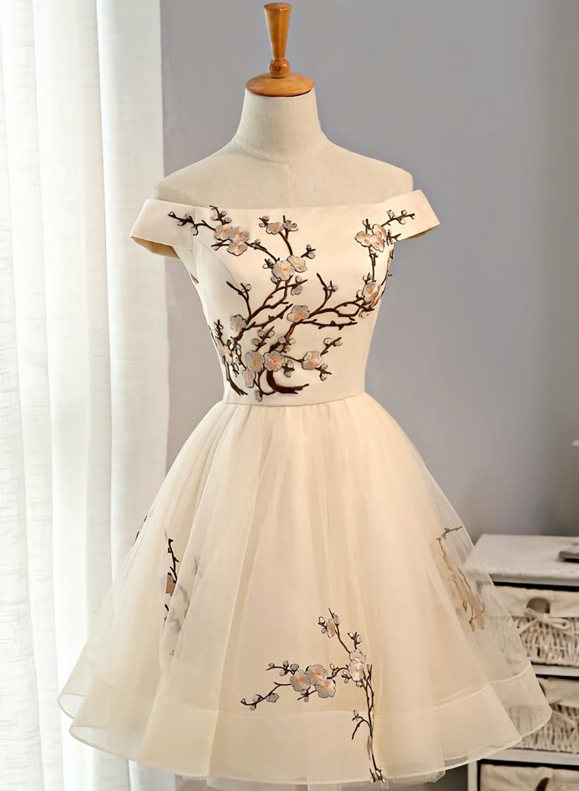 Cute Champagne Off Shoulder Knee Length Prom Dress , Lovely Formal Dress