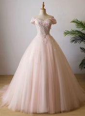 Cute Light Pink Tulle Flowers Off Shoulder Party Dress, Sweet 16 Gown