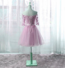 Cute Pink Knee Length Short Sleeves Party Dress, Tulle Prom Dress