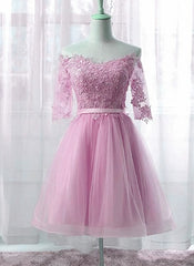 Cute Pink Knee Length Short Sleeves Party Dress, Tulle Prom Dress