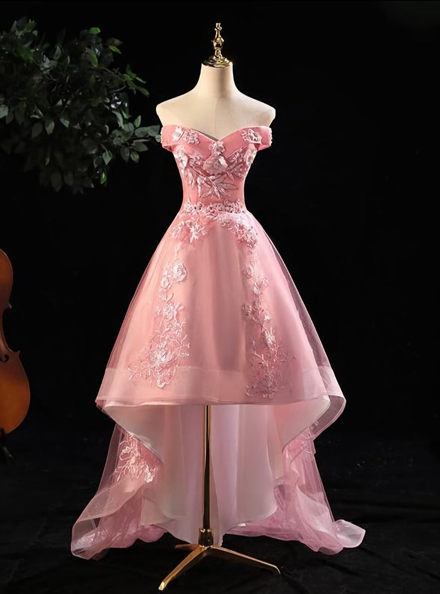 Cute Pink Off Shoulder High Low Tulle with Lace Party Dress, Pink Homecoming Dresses