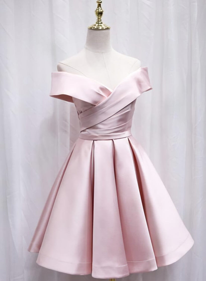 Cute Satin Pink Sweetheart Off Shoulder Knee Length Party Dress, Short Prom Dress