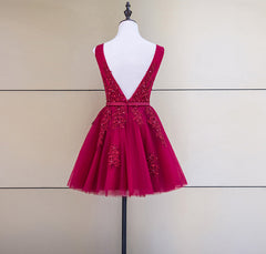 Cute Tulle V-neckline Beaded Short Prom Dress, Homecoming Dresses 2022