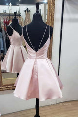 Cute V Neck Open Back Pink Short Prom Dress, Backless Pink Homecoming Dress, Short Pink Formal Evening Dress