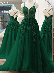 Dark Green A-line V-neckline Tulle and Lace Party Dress, Green Long Prom Dress
