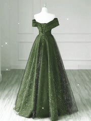 Dark Green and Black A-line Satin Long Party Dress, Simple Long Prom Dress