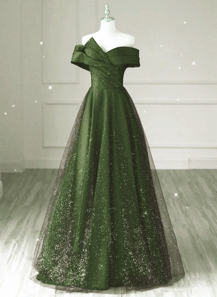 Dark Green and Black A-line Satin Long Party Dress, Simple Long Prom Dress