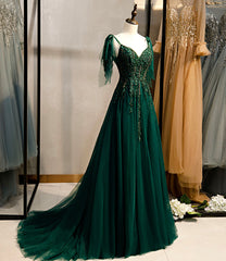 Dark Green Beaded Tulle Straps A-line Formal Dresses, Green Evening Dress Prom Dresses