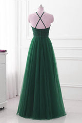 Dark Green Cross Back Tulle Halter Long Party Dress, A-line Junior Prom Dress