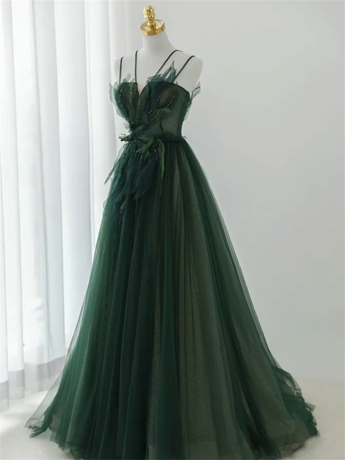 Dark Green Long Beaded A-line Evening Dress Party Dress, Green Prom Dress