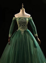 Dark Green Sleeves with Gold Lace Sweet 16 Dress, Dark Green Long Formal Dress