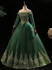 Dark Green Sleeves with Gold Lace Sweet 16 Dress, Dark Green Long Formal Dress