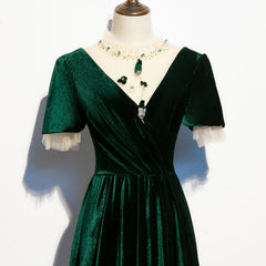 Dark Green Velvet Short Sleeves A-line Bridesmaid Dresses, A-line Wedding Party Dress Prom Dress