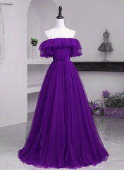 Dark Purple Tulle Off Shoulder Long Party Dress, A-line Purple Prom Dress