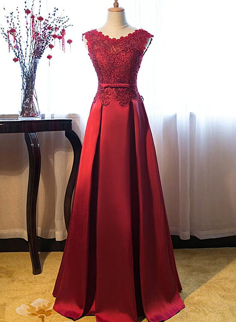 Dark Red Lace Long Junior Prom Dress, Lace Top Party Dress