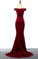 Dark Red Mermaid Satin Long Party Dress, Off Shoulder Evening Dress