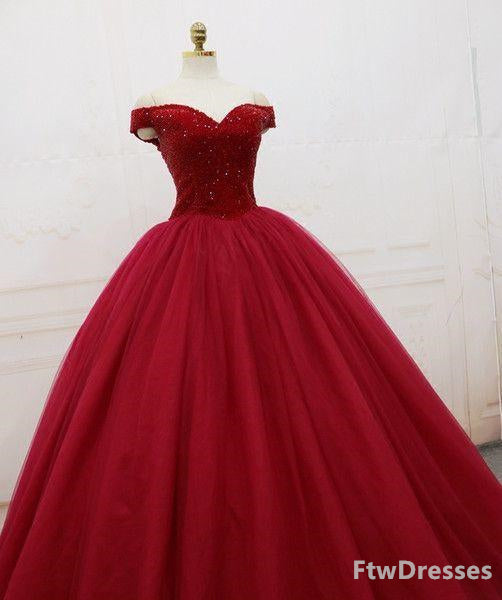 Sparkling Quinceanera Dresses Ball Gown Dark Red Evening Dress Lace-up Back Pleats Tulle Sweep Train quinceanera dresses