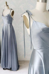 Elegant A Line Gray Satin Long Prom Dresses, Gray Formal Graduation Evening Dresses