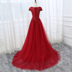 Elegant Cap Sleeve Lace Applique Tulle Party Dress, Prom Gowns