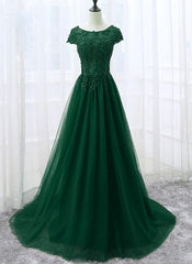 Elegant Cap Sleeve Lace Applique Tulle Party Dress, Prom Gowns