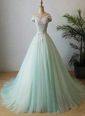 Elegant Off Shoulder Light Green Tulle Sweet 16 Dress, Long Formal Gown