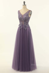 Elegant Purple A-line Tulle Long Formal Dress