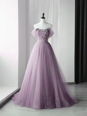 Elegant Tulle Long Party Dress with Flowers, A-line Tulle Evening Dress Prom Dress