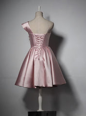 Fashionable Pink Knee Length Satin Short Prom Dress, One Shoulder Bridesmaid Dress