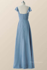 Flare Sleeves Misty Blue Pleated Long Bridesmaid Dress