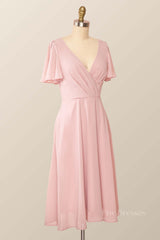 Flare Sleeves Pink Chiffon Short Party Dress