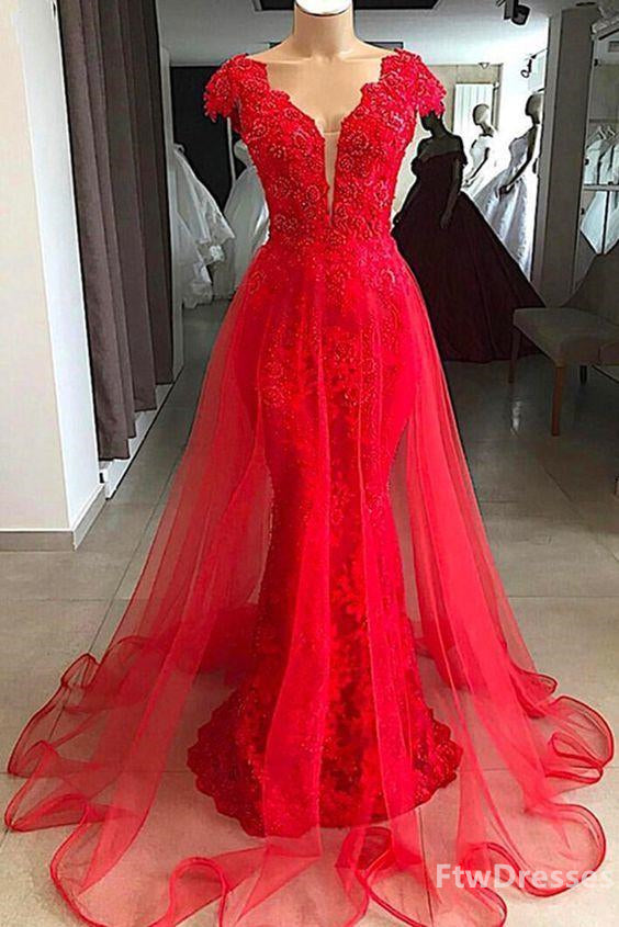 Red Lace Cap Sleeve Long V Neck Formal Prom Dress, Beaded Evening Dress