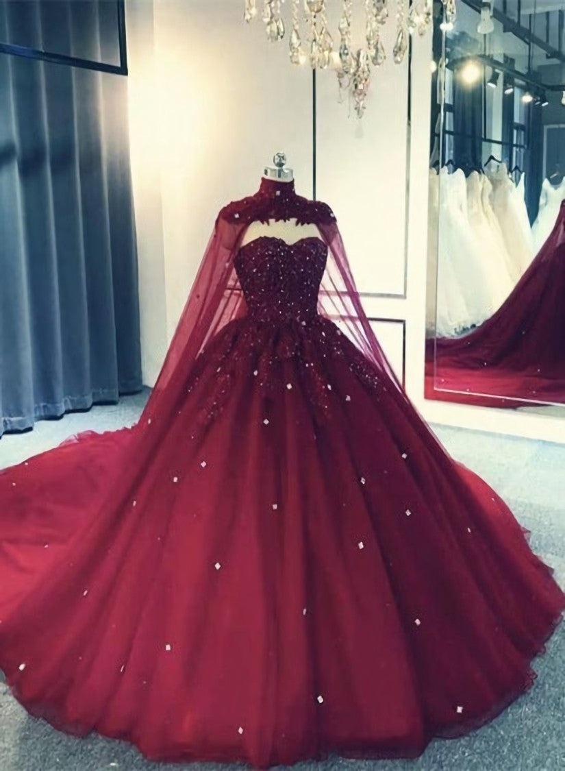 Glam Ball Gown Quinceanera Dress Lace Applique Beaded Cape, Wine Red Formal Dress Party Gowns